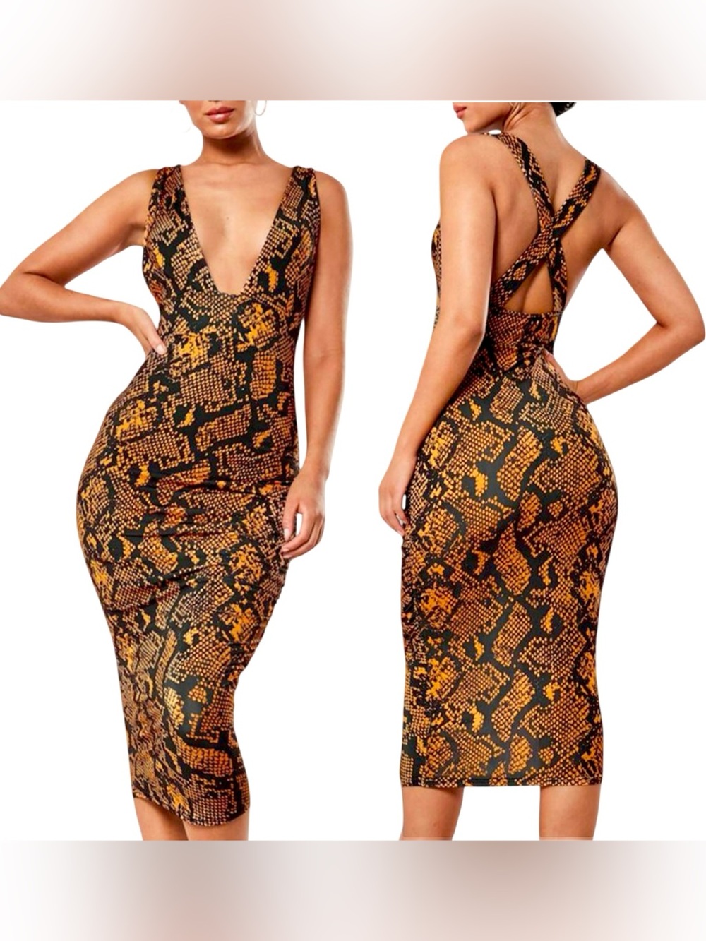 Missguided + Orange and Black Snake-Print Bodycon Midi Dress